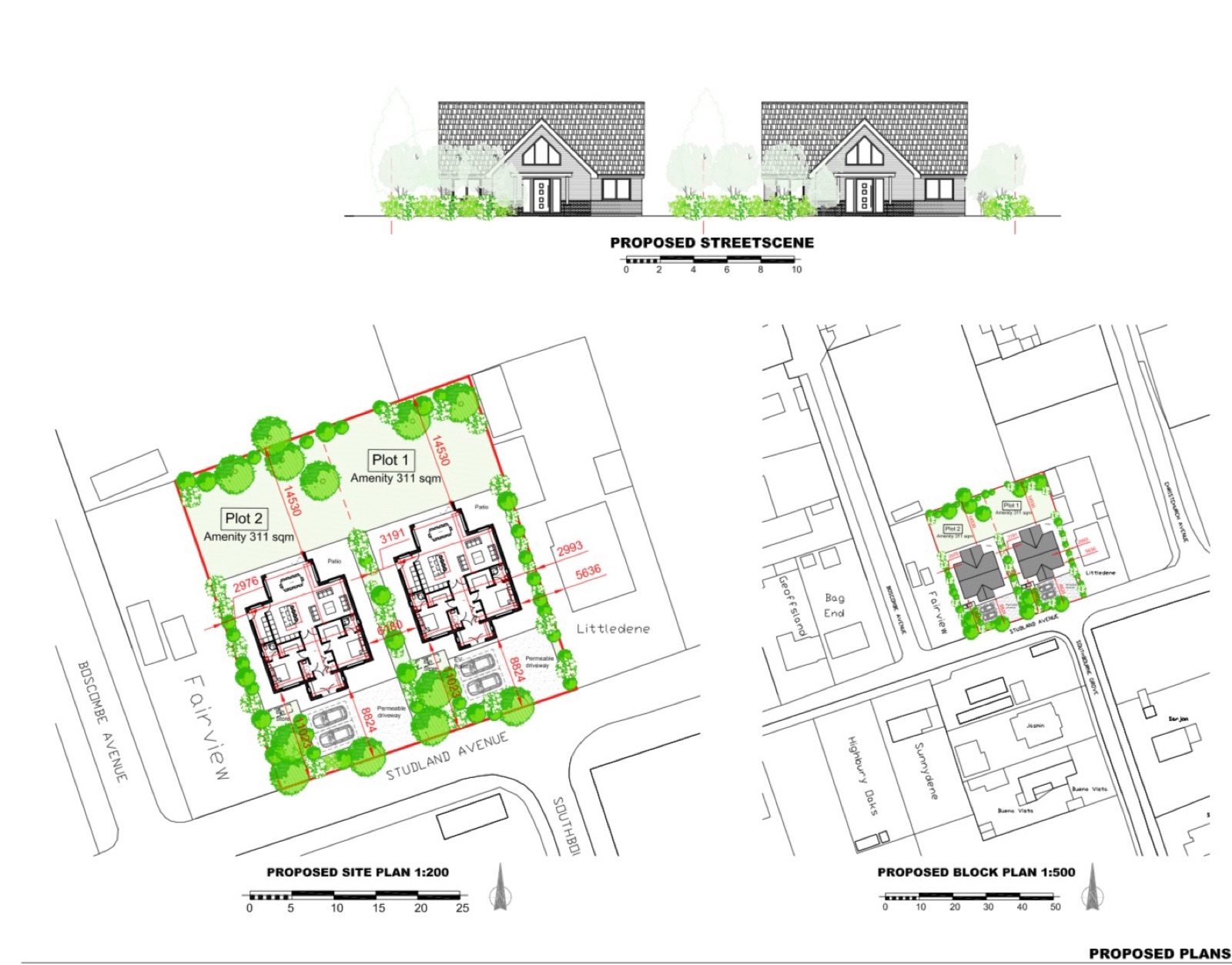 Proposed street scene, site plan and block plan for two bungalows in Wickford, Essex